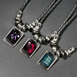 Punk Rock Fashion Luminous 12 Constellation Necklaces for Male Women Vintage Black Leather Cord Zodiac Pendants Necklaces