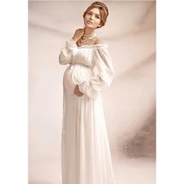 الحمل فستان طويل الأبيض لطيف الأمومة التصوير الدعائم الكتف الأمومة اللباس للنساء حزب رسمي الملابس الزفاف Q0713