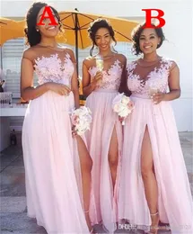 Pink African Blush Bridesmaid 2021 Sexy Sheer Jewel Neck Lace Appliques Maid of Honor Dresses High Split Formal Party Evening Gowns
