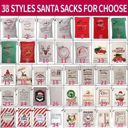 DHL Stock Christmas Santa Sacks Canvas Cotton Bags Stora Organiska Tunga Drawstring Presentväskor Personlig Festival Party Juldekoration