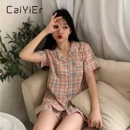 CAIYIER Sweet Pajama Women Nightwear Grid Printed Summer Short Sleeve Sleepwear Trendy Leisure Korean Style Shorts Homewear Suit 211109