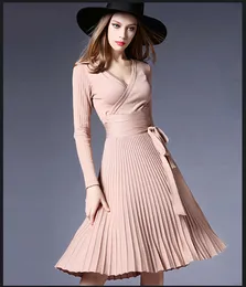 Winter Women Sexy Knitted Dress for Womens V-neck Long-sleev A Line Pleated Stretch Dress Party Dress with Belt