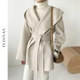 Yedinas Lady Solid Woolen Coat Kvinnor Elegant Office Jacka Varm Kvinna Hooded Casual Cashmere Coats med Belt Casaco Feminino 210527