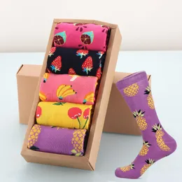 Herrensocken, modisch, 5 Paar, Baumwolle, warm, lustig, Obstdruck, Harajuku, lässig, glücklich