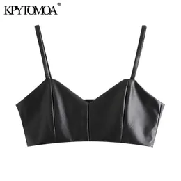 KPyTomoa Mulheres 2021 Sexy Fashion Faux Leather Crown Tank Top Vintage V Neck Side Zipper Largade Correias Femininas Camis Chic Tops 210308