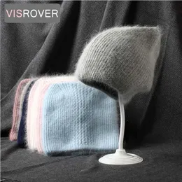 visrover 9 colorways 토끼 모피 고양이 귀 여자 겨울 모자 단색 가을 비아 따뜻한 부드러운 보닛 skullies 선물 211229