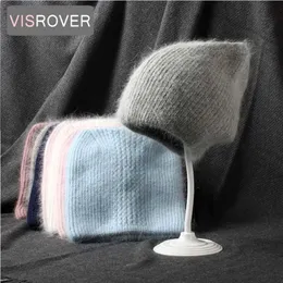 Visrover 9 Colorways Rabbit Fur Kot Uszy Kobieta Kapelusz Zimowy Kapelusz Solidny Kolor Jesień Czapki Dopasowane Ciepłe Miękkie Skullies Bonnet Prezent 211229