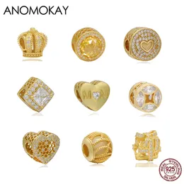Anomokay Classic Mix Style Gold Color Crown Heart Geometric Round 925 Silver Charm Bead for DIY Bracelet & Bangle Making Q0531