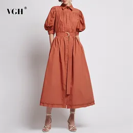 Vit elegant sashes slank tröja klänning för kvinnor lapel puff kortärmad hög midja casual midi klänningar kvinnlig sommar mode 210531