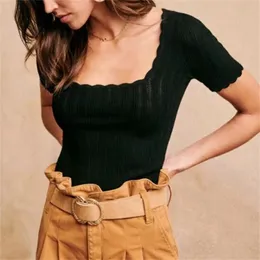 Women Square Neck Pretty Stitch Short Sleeve Knit Top Pointelle Knit Top With Wave Trim S214 210810