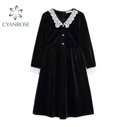 French Retro Dress Women Lace Patchwork Black Velvet V Neck Elegant Party Dresses Lady 2021 Button Casual Tide Mid-Calf Vestiods Y1204