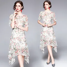 Boutique Floral Dress Short Sleeve Hollow Embroidered Summer Womens Dresses High-end Trendy Lady Irregularity Dresses Party Dresses