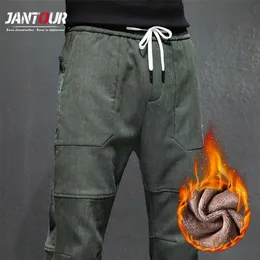 Brand Mens Winter Pants Thick Warm Cargo Pants Casual Fleece Pockets Trouser Fashion ArmyGreen Loose Baggy Joger Male 211201