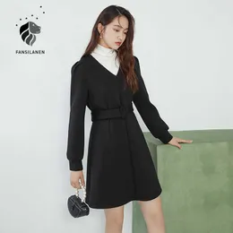 FANSILANEN Memory foam winter black short dress Women long sleeve elegant christmas Female v neck vintage office 210607