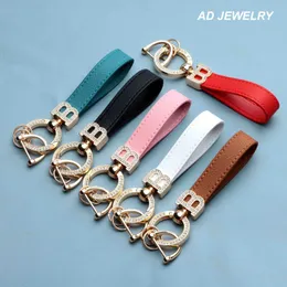 Classic Design Colorful Leather Keychain Car Key Gold Initial B Buckle Handbag Decorate Pendant Diamond Keyrings for Gift