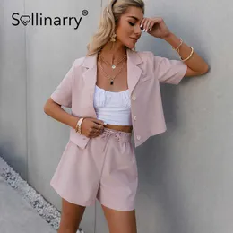 Sollinarry Two-piece suit collar short sleeve for women Pink tie belt shorts female sets Summer casual office ladies streetwear 210709