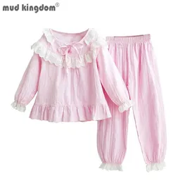 Mudkingdom menina bonitinha pijama conjunto macio lace manga longa sleepwear encantador de algodão superior e calças em casa homewear 210615