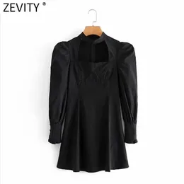 Zevity Women Vintage Pleats Puff Sleeve Svart Mini Klänning Lady Chic Court Style Square Collar Back Zipper Slim Vestido DS4774 210603