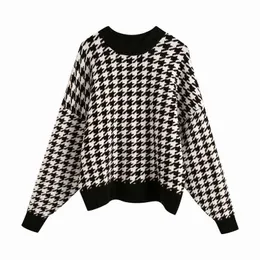 Evfffer Kobiety Casual Zima Ciepłe Luźne Dzianiny Sweter Sweter Kobiet Moda O-Neck Z Długim Rękawem Oversize Plaid Sweter Topy Chic Y1110