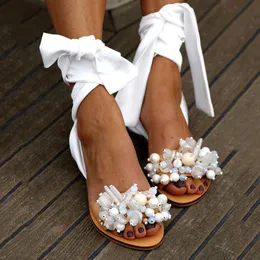 Women Beach Sandals Flat Ankle Strap Beaded Sandals