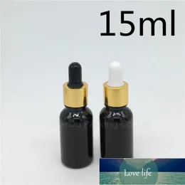 저장 병 항아리 500pcs / lot 15ml 빈 검은 유리 에센셜 오일 병 골드 알루미늄 링 dropper, 15cc 향수 공장 가격 전문가 디자인 품질 최신