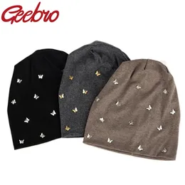 Geebro Brand Beanie Hat With Butterfly Accessory For Girl Women Warm Cotton Outdoor Street Hats Spring Autumn Knitted Beanies 211119