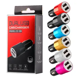 Universal Dual Ports Car Charger Aluminium Alloy 2.1A Auto Car Chargers för iPhone 11 12 13 14 15 Pro Max Samsung Android Telefon MP3 PC GPS med låda