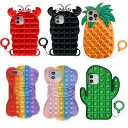 3D Cute Push Pop Bubble Fidget Toy Phone Cases Release Stress Silicone Cactus Black Lobster Pineapple Bow 30pcs/lot