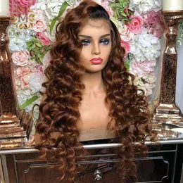 New Deep Wave Brown Ombre Colored Lace Frontal Wig Human Hair Wig 180 Density Synthetic Wig For Black Women