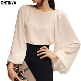 Spring Summer White Korean Blouse XXL Chiffon Women Office Wear Latern Sleeve Blusas Femininas Buttons Ladies Tops 210527