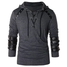 Men Hoodie Plus Size Punk Pu Leather Long Sleeve Lace Up Black Blue Streetwear Gothic Casual Hooded Sweatshirt Spring Tops 201113