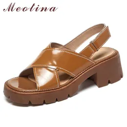 Sandalias Meotina, zapatos de mujer, sandalias de cuero genuino, zapatos de tacón alto con punta cuadrada, calzado de piel de oveja de tacón grueso para mujer, calzado de verano blanco 210608