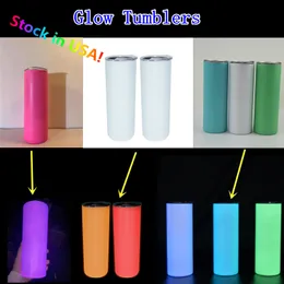 USA Stocks Glow Tumblers Sublimation 20oz Straight Skinny Tumbler med halmlock rostfritt stål dubbel vägg diy blanker smala vattenflaskor kaffemuggar i mörkret