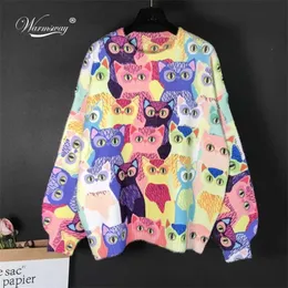 Donne Autunno Cartoon Animal Cat Ricamo Fluffy Pullover Maglione lavorato a maglia Femminile Caldo Harajuku Dolce Kawaii Abiti invernali C-145 211007