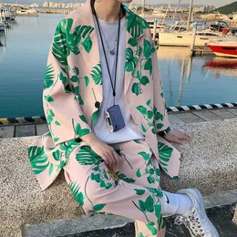 Oversize Loose 2021 New Style Leaf Green Printed Suits Blue Summer Korean Fashion Streetwear Modern Mens Clothing For Boyfriend X0909