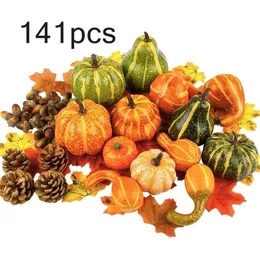 141PCS Thanksgiving Simulation Acorn Autumn Fall Decoration Pumpkins Harvest Props Artificial Fake Pumpkin Maple Leaf Y201015