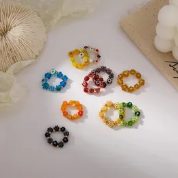 Vintage Acrylic Beaded Rings Cute Minimalist Coloful Beads Flower Stacked Finger Rings Stretch Rope for Women Party Gift Jewelry