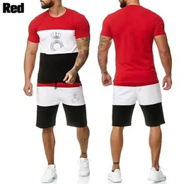 新しい夏の男性セットフィットネススーツスポーツスーツショートスーツシャツシャツ+ショートパンツのクイック乾燥2ピース接合セットS-6XL X0610
