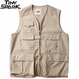 Ärmlös Jackor Militär Tatical Cargo Vest Mens Harajuku Streetwear Vest Multi Fickor Hip Hop Waistcoat Japan Stil 210819