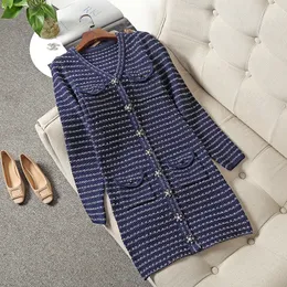 2021 Autumn Winter Long Sleeve V Neck Blue Striped Knitted Panelled Buttons Single-Breasted Dress Elegant Casual Dresses 21S2609095