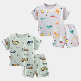 Sommar 2 3 4 6 8 10 år Cartoon Animal Print Cotton Short Sleeve Handsome T-shirt Sleepwear Pajama Set för Baby Kids Boy 210625