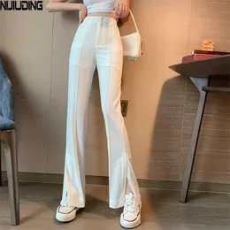 NIJIUDING 2020 New Women's Flare Pants Summer Solid Black White High Waist Pant Woman Office Lady Long Trousers Split Pantalon Q0801