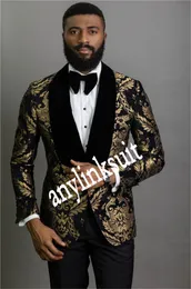 Hot Selling One Button Black with Gold Pattern Groom Tuxedos Shawl Lapel Wedding/Prom/Dinner Groomsmen Men Suits Blazer (Jacket+Pants+Tie) W1495