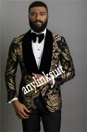 Hot Selling One Button Black with Gold Pattern Groom Tuxedos Shawl Lapel Wedding/Prom/Dinner Groomsmen Men Suits Blazer (Jacket+Pants+Tie) W1495