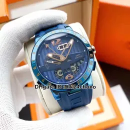 新しいエグゼクティブエルトロ永久カレンダーGMT 326-01LE-3自動メンズウォッチブルーダイヤル青いゴム製ストラップシルバーケースゲント腕時計
