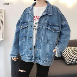 Semcri blå denim jacka kvinnor lös stil överdimensionell jeans kappa våren höst version casual grundläggande 210922