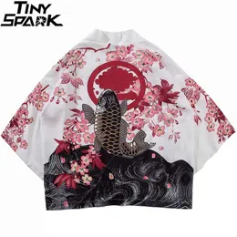 Japońska Kimono Kurtka Koi Ryby Drukowane Harajuku Hip Hop Mężczyźni Japonia Styl Streetwear Lato Cienkie ubrania Loose 211217