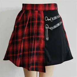Kvinnor harajuku punk oregelbunden mini pläterad skater kjol asymmetrisk cutout hög midja hip hop clubwear gotiska hajuku kjol 210619