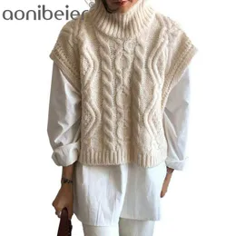 Höst Vinter Turtleneck Ärmlös Sweater Vest Kvinnor Twist Pattern Short Pullover Waistcoat Loose Knitwear Toppar 210604