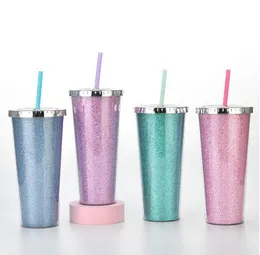 24oz Glitter Sippy Cup Tumbler Double Wall Insulated Plastic Sport Bottle Mug With Straws